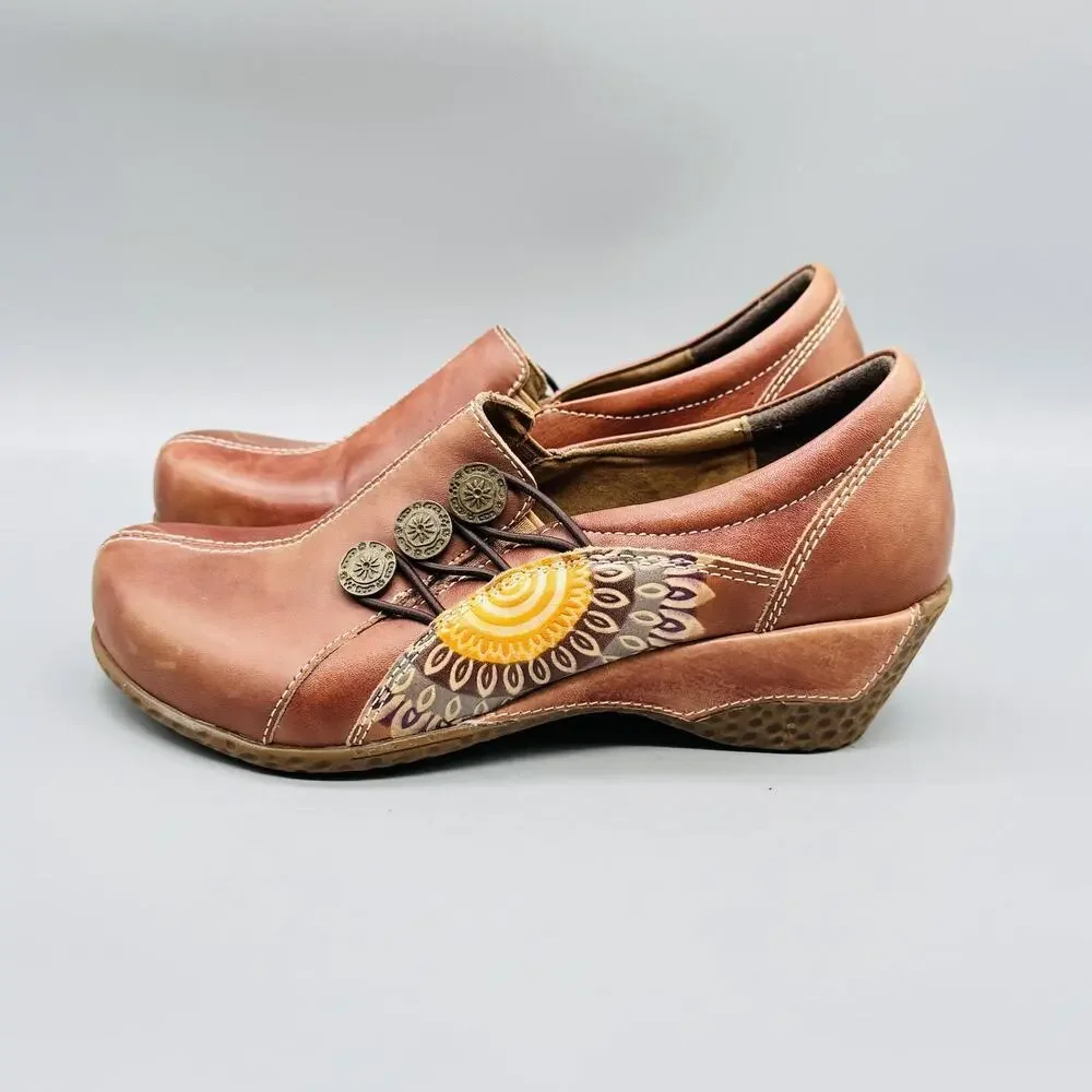 Spring Step L'Artiste Shoes Womens 5 Brown Leather Wedge Clogs Slip On Comfort